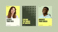 three posters with people on them that say, explore the world of career and explore your path