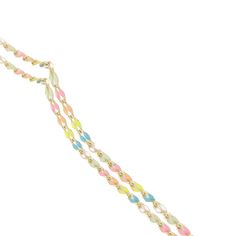 multicolored beaded necklace with gold tone chain and lobster hook clasp on white background