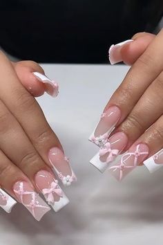 Nail Art Designs Pink And White, Nails With Ribbon Charm, Coffin Nail Frenchies, Coquette Nails Long Square, Acrylic Nails With Bow Charms, Nail Ideas For A Wedding, Square Coquette Nails, Cute Nail Ideas White, Nails With Bows And Pearls