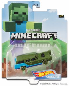 a green toy truck with a zombie face on it's head and the words minecraft