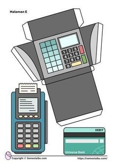 a calculator, credit card and an atm machine are shown in this paper cutout