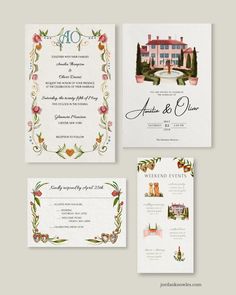 the wedding stationery is shown with flowers and greenery