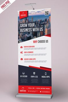 a roll up banner with the words grow your business with us and an image of a city