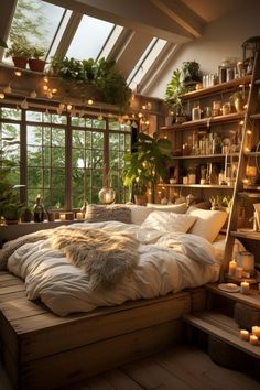 a bed with lots of pillows and blankets on top of it in a room filled with windows