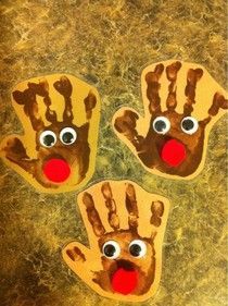 three handprints that have been made to look like reindeer's hands with googly eyes