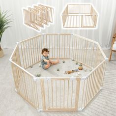 a baby in a playpen surrounded by toys