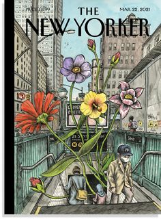 the new yorker magazine cover with flowers and people sitting on a bench in front of buildings