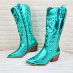 Stunning New Metallic Cowgirl Boots Embroidered Design Western Cut Heels Woman's Us Sizes Casual Snip Toe Boots For Party, Summer Green Boots With Round Toe, Green Round Toe Summer Boots, Summer Ankle-high Green Boots, Green Ankle-high Summer Boots, Summer Green Ankle-high Boots, Western Style Party Boots With Flat Heel, Western Style Flat Heel Party Boots, Green Casual Boots With Snip Toe