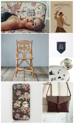 the collage has many different items on it, including a chair and phone case