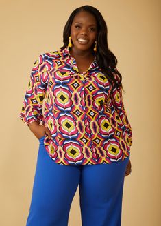 Crafted from luxurious crepe fabric, this shirt-like blouse features a captivating print that's whimsical and playful. Wear with bold blue pants for an eye-catching effect. Crepe Top, Pink Peacock, Ashley Stewart, Blue Pants, Crepe Fabric, Long Length, Plus Size Blouses, Personal Marketing, Plus Size Shirts