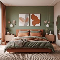 a bedroom with green walls and two paintings on the wall