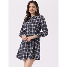 The fit shirt dress silhouette features a full buttoned placket. The vintage and fashion style creates nice long lines up and down your figure and gives this lovely plaid dress a playfully charming look. Plaid in pretty pastel tones highlights an elegant minidress featuring a cinched waist silhouette, an A-line skirt, and inverted pleats. Keep your casual style on point with a lightweight cotton-blend shirt dress complete with a flattering jacket. Flared Shirt, Dress Dark Blue, Collared Shirt Dress, Christmas Plaid, Floral Shirt Dress, Contrast Collar, Tweed Dress, Dress Silhouette, Plaid Christmas