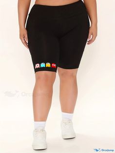 Orcajump - Plus Size Basic Shorts, Women's Plus Plain High Rise Slight Stretch Workout Biker Shorts Casual High Waist Biker Shorts With Elastic Waistband, Casual Stretch Pants With Short Inseam, Casual Mid-thigh Summer Pants, Casual Mid-thigh Length Summer Pants, Casual Stretch Bottoms Mid-thigh Length, Casual Stretch Mid-thigh Bottoms, Casual Stretch Mid-thigh Length Bottoms, Casual Fitted Hip-length Shorts, Casual Sports Bottoms Mid-thigh Length