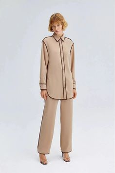 Piped Shirt Trousers Set Ribbed Jacket, Shirt And Pants, Matching Shirts, Sweatshirt Dress, Modest Outfits, Quilted Jacket, Dress Clothes For Women, Modest Fashion, Everyday Look