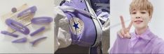 a collage of photos with purple shoes and the word peace written in white letters