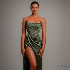 Lasaky - Strapless Fishbone Waist-Cinched High-Slit Maxi Dress for Day Parties and Cocktail Events Satin Evening Gown, Split Long Dress, Strapless Bodycon Dress, Long Cocktail Dress, Bodice Dress, Long Evening Gowns, Bodycon Maxi Dresses, Mermaid Prom Dresses, Long Maxi