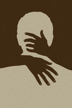 the silhouette of a person with their hands on his face and hand to her chest