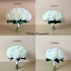 four images show how to arrange the flowers in different stages of blooming, including white bouquets