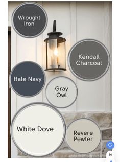 the names of different types of paint colors on a house's front door, including gray and white