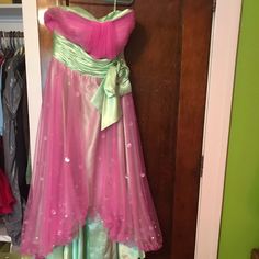 Pink And Lime Green Prom Dress- Never Worn- Sequins- High Low Dress Stranger Things Prom Dress, Prom 2000s Dress, Colorful Ball Gown, Halter Pink Dress, Colorful Prom Dress, Bridesmaids With Different Dresses, Midsummers Dress, 2000s Hoco Dress, Dresses With Flowers On Them