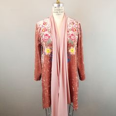 Andree By Unit Crushed Pink Velvet Floral Embroidered Cardigan * Brand New With Tags Rich Pink Crushed Velvet Embellished With Gorgeous Colorful Florals And Trimmed With A Pale Pink Chiffon Edge Women's Size Medium Bust Is Open Shoulder To Hem 30" Approx {Longer In Some Areas} Shoulder To Cuff 20" 95% Polyester 5% Spandex Contrast 100% Polyester Hand Wash Cold, Line Dry Brand New With Tags Excellent Condition Pink Embroidered Fitted Cardigan, Fitted Embroidered Pink Cardigan, Fitted Pink Embroidered Cardigan, Pink Floral Embroidery Cardigan For Spring, Spring Festive Pink Outerwear, Pink Spring Festive Outerwear, Pink Embroidered Summer Outerwear, Colorful Florals, Fall Cardigan