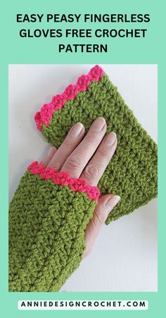 a woman's hand holding a green crocheted mitt with pink trim