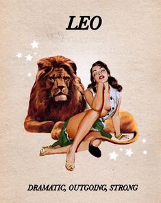 a woman sitting on top of a lion next to a sign that says, leo