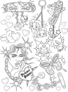 a coloring page with many different tattoos on it