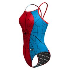 a women's swimsuit with spider - man print on the front and sides