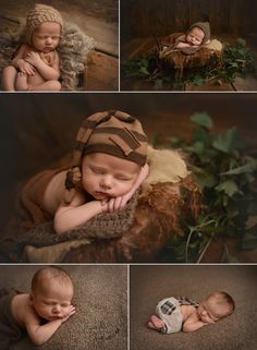 a collage of photos shows a baby sleeping in a basket with his hands on his face