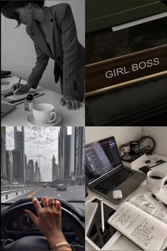 there is a woman sitting at a desk in front of a laptop and coffee cup