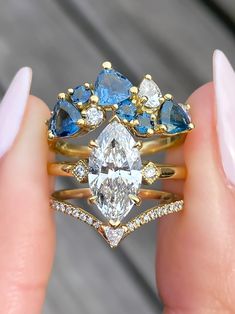 caption:Shown in 14k yellow gold with 1.7ct marquise center diamond option Strange Engagement Rings, Unique Wedding Ring Sets, Marquise Ring Setting, Vintage Wedding Bands, Ring Upgrade, Modern Wedding Rings, Dream Rings, Marquise Ring, Unique Bands