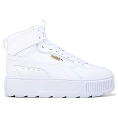 Puma Karmen Rebelle Mid Platform Women's White Sneakers Court Shoes 38721301 NWB Take an edgy and street inspired look to new heights with the Women's Puma Karmen Rebelle Mid Court Shoe. Leather upper in an mid top platform casual sneaker style with a round toe Lace-up closure Logos are finished with a real gold foil execution The upper of this shoe is made with at least 20% recycled materials as a step towards a better future SoftFoam+: PUMA's comfort sockliner for instant step-in and long-lasting comfort that provides soft cushioning every step of your Durable rubber outsole Synthetic upper Lace-up closure SoftFoam cushioning 1 1/2" stacked platform Traction outsole Sneaker Style, White Sneakers Women, Better Future, Mid Top, Court Shoes, White Sneakers, Real Gold, Casual Sneakers, Recycled Materials