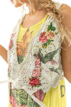 Step into summer with the Eyelet Applique Faustine Wrap Tank! Made of lightweight French cotton eyelet, this tank features wrap ties for a customizable fit. Hand-fading and distressing add a touch of uniqueness, while the charming bird and rose appliqué make this tank a must-have for any fashion-forward individual. 100% Cotton Wash in Cold Water, Delicate Dry or Hang to Dry One Size Fits Most Style: Tank 284 in Fondness Please note: This item is not eligible for discounts, loyalty reward redemption, or promotions. For returns, item needs to be returned with all original tags. Magnolia Pearls, Upcycle Design, Pearl Clothing, Magnolia Pearl Clothing, Rosé Sister, Tied Hands, Shabby Chic Clothes, Tagua Jewelry, Rose Applique