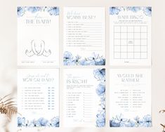 wedding stationery set with blue flowers on it and the names of each guest card