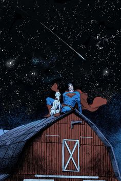 two people sitting on the roof of a barn at night with stars in the sky