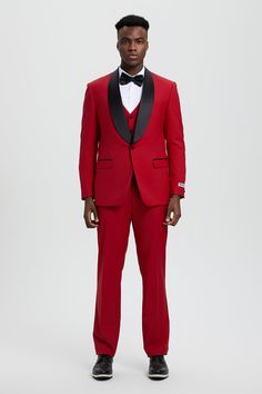 This one button tuxedo by Stacy Adams features a wide black satin shawl lapel, matching pants and vest. This comes in a hybrid fit (Sizes 34-44 = Slim Fit | Sizes 46+ = Modern Fit) Red Tuxedo Three-piece Suit For Party, Red Tuxedo Style Three-piece Suit For Party, Red Tuxedo Three-piece Party Suit, Elegant Tailored Red Tuxedo, Elegant Tailored Red Three-piece Suit, Elegant Red Fitted Tuxedo, Red Notch Lapel Tuxedo For Wedding, Red Tuxedo Style Party Sets, Red Fitted Tuxedo Style Sets