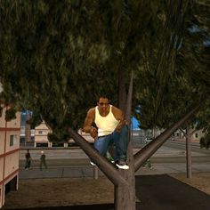 a man is sitting on top of a tree in the middle of an animated scene