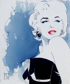 a painting of a woman in black and white dress with red lipstick on her lips