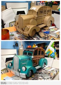 there are two pictures of an old truck made out of cardboard boxes and paper plates