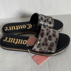 New Juicy Couture Yippy Animal Print Sandals Slides Sz 7 Leopard Print Synthetic Sandals For The Beach, Trendy Leopard Print Sandals With Round Toe, Leopard Print Synthetic Sandals For Beach, Trendy Leopard Print Round Toe Sandals, Summer Leopard Print Synthetic Sandals, Trendy Leopard Print Summer Sandals, Purple Flip Flops, Animal Print Sandals, Dream Shoe