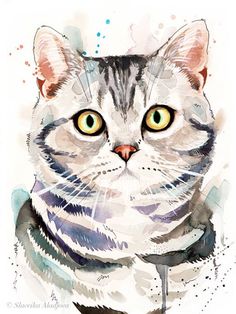 a watercolor painting of a cat's face with yellow eyes and collar on