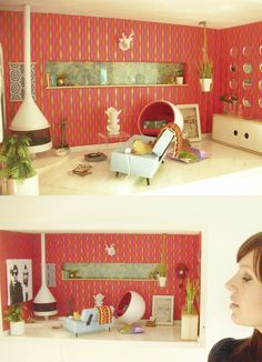 two pictures of a doll house with pink walls and red wall paper on the walls