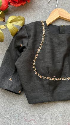 Product Descriptions : Black silk blouse comes with heavy intricate jeweled hand works for front and hand works for back & sleeves as shown. Note : saree is not included View this post on Instagram A post shared by Shobana Nithin (@threadslabel_india) Simple And Stylish Blouse Designs, Emb Blouse Designs, Not Work Blouse Design, Silk Saree Aari Work Blouse Designs Simple, Maggam Work Flower Designs, Black Silk Blouse Designs, Navy Blue Saree Blouse Combination, Silk Blouse Work Designs, Black Aari Work Blouse