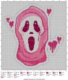 a cross stitch pattern with a pink panda bear in the middle and hearts coming out of it