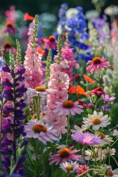 many different colored flowers in a field