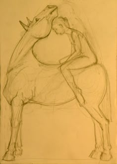 a drawing of a man hugging a horse