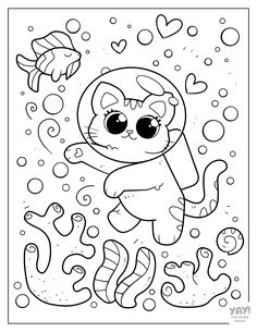 a coloring page with an image of a cat in the water and some fish around it