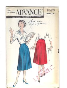 an old fashion sewing pattern for a woman's pleated skirt and blouse, from the 1950's