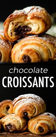 chocolate croissants stacked on top of each other with the title above it